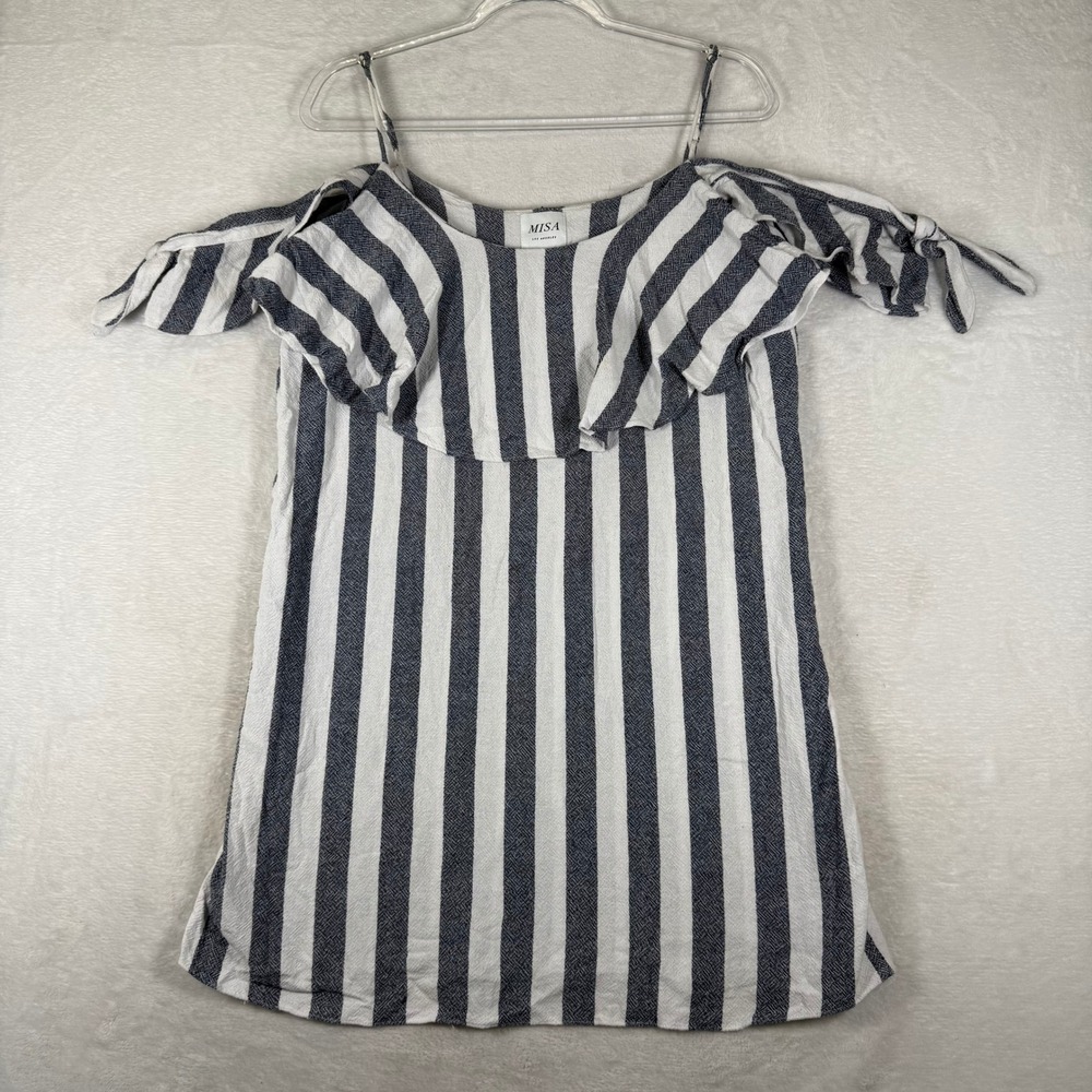MISA Los Angeles Striped Cold Shoulder Ruffle Mini Dress Blue White Large USA